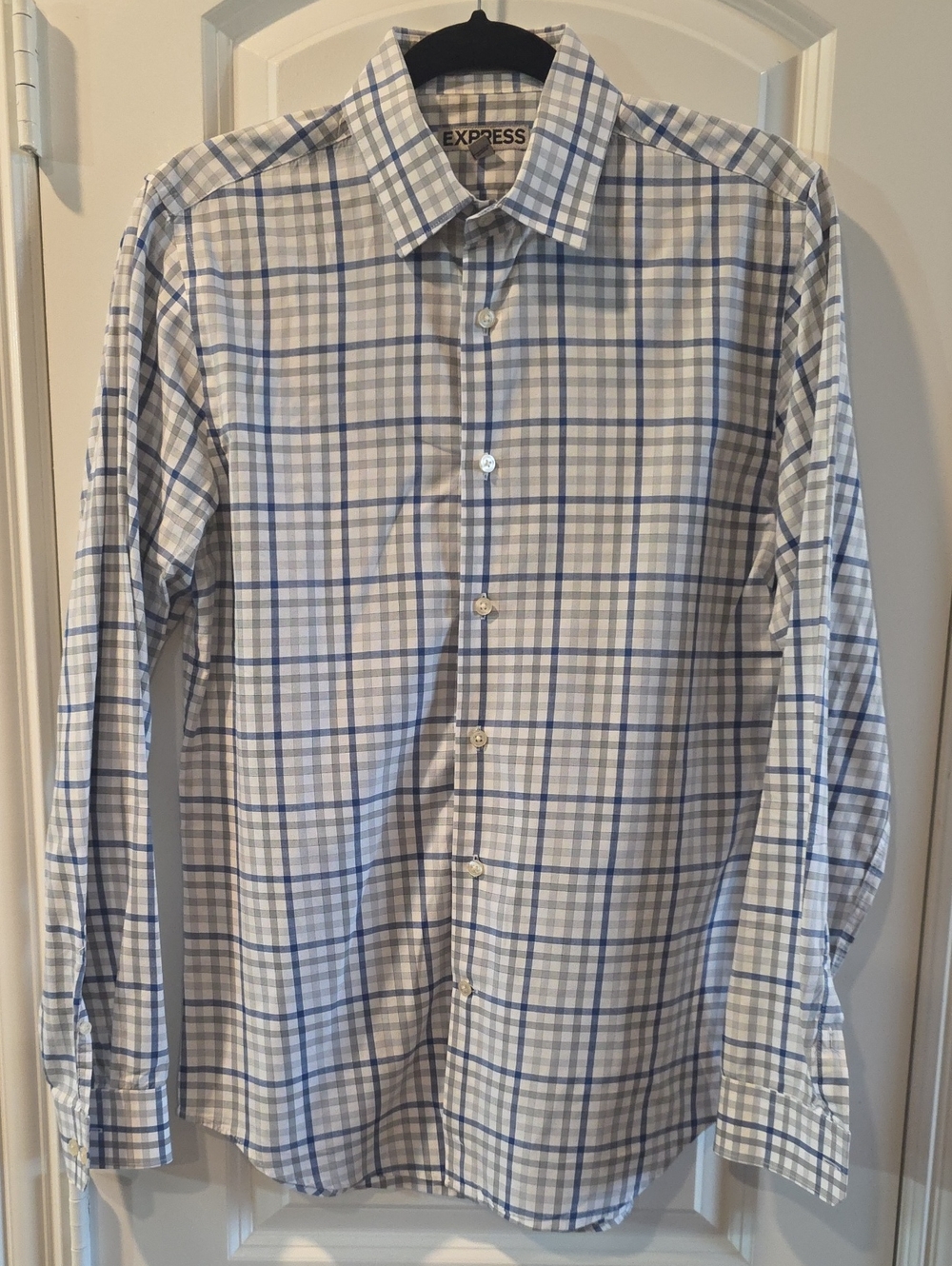 Express Men’s White and Blue Plaid Fittes Dress Shirt